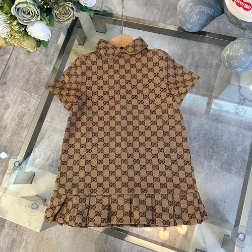 Gucci Girls Brown Peter Pan Collar Denim Dress Monogram Jacquard Comfortable Stylish