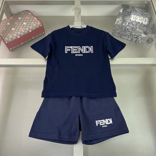 Fendi Kids Cotton Set with Toothbrush Embroidery, Navy & Pink