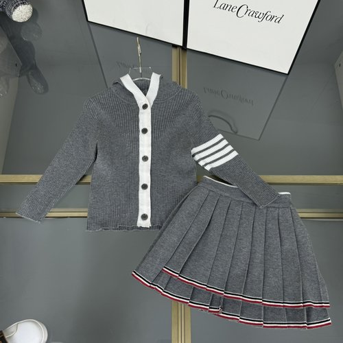 Thom Bn Girls Gray Preppy Sweater Set with Hooded Cardigan & Four Stripes