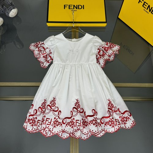 Fendi Girls Premium Double-Layer Cotton Dress FF Embroidery Wine Red Contrast
