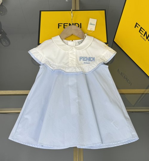 Fendi Girls A-Line Dress with Embroidered Logo & Woven Hem