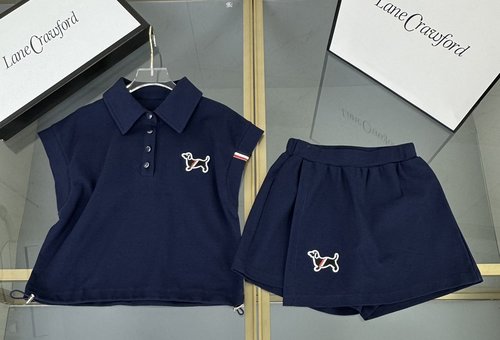 Thom Bn Premium Girls Dog Embroidered Pique Cotton Vest Dress Set