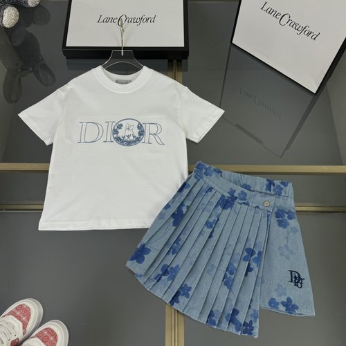 Dior Girls 2-Piece Set: Cotton Tee & Faux Denim Skirt