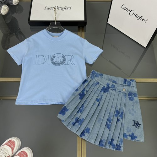 Dior Girls Faux Two-Piece Set: Cotton Top & Washed Denim Skirt