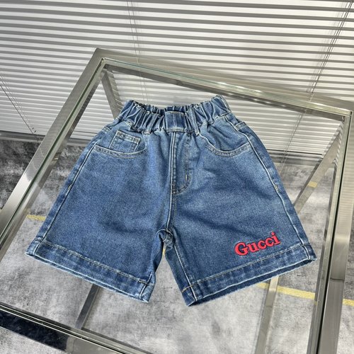 Gucci Kids Denim Shorts Blue Washed Red Letter Embroidery