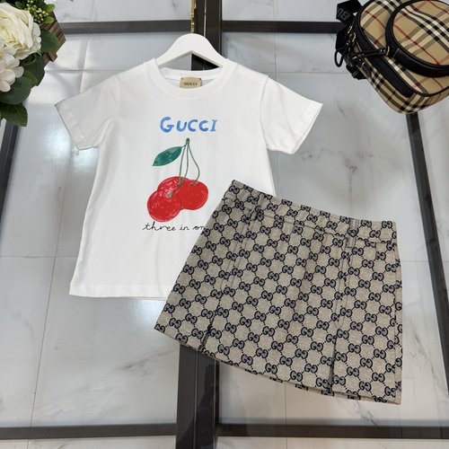 Gucci Girls Cherry Print Cotton Skirt Set, Comfortable & Stylish 