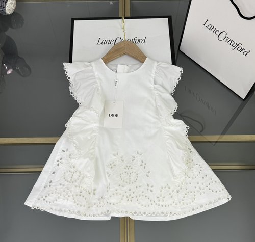Dior Girls A-line Dress, White Cotton, Hollow Hem 
