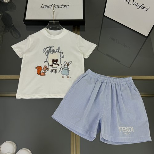 Fendi Kids Animal Graffiti Cotton Set with Striped Shorts