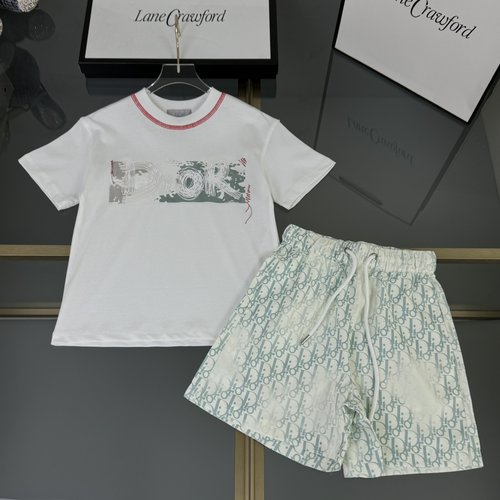 Dior Premium Kids 2-Piece Set: Printed Tee & Elastic-Waist Jacquard Shorts