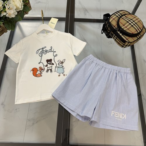 Fendi Kids Animal Graffiti Cotton Set with Striped Shorts 