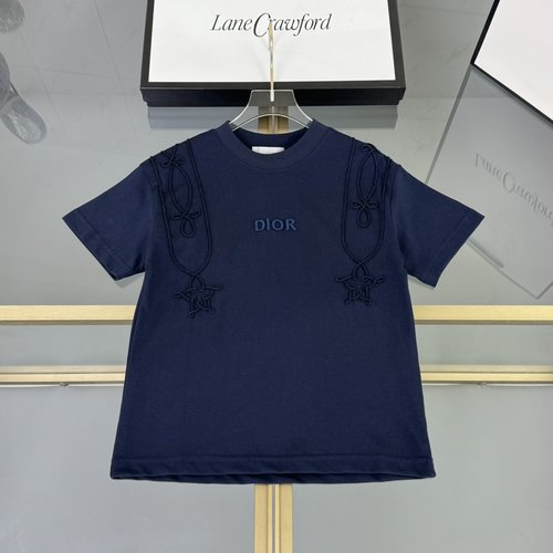 Dior Kids Cotton T-shirt with Line Knit & Letter Embroidery