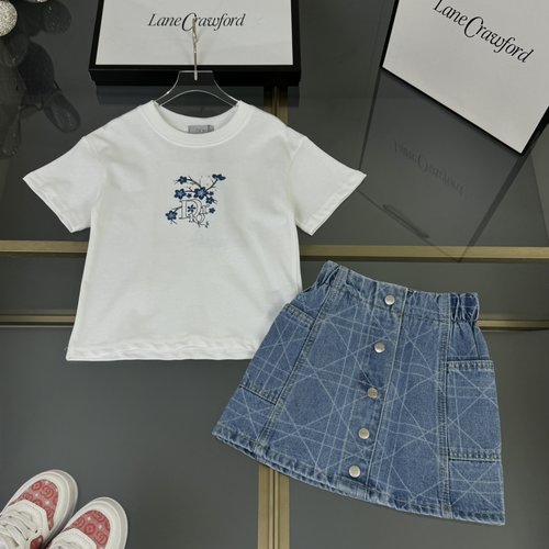 Dior Girls Embroidery Tee & Washed Denim Skirt Set