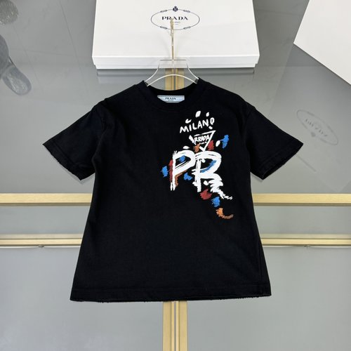 Prada High-End Unisex Kids 3D Printed Distressed Cotton T-Shirt