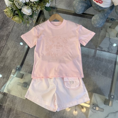 Fendi Girls Pink Embroidery Tee & Striped Pants Set, Lazy Vacation Style
