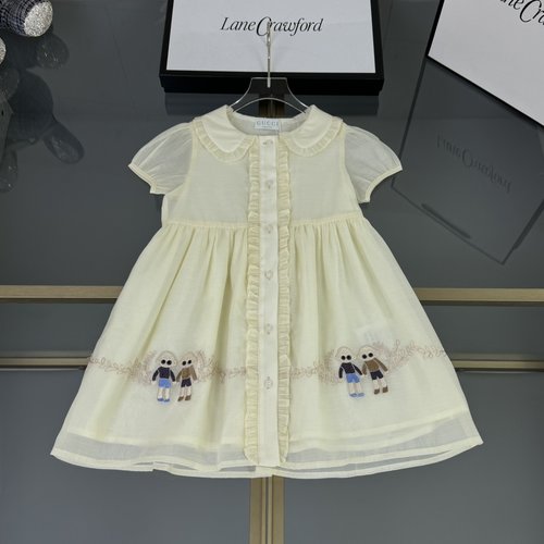 Gucci Girls Organza Dress with Doll Collar & Hand-in-Hand Embroidery 