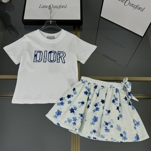 Dior Girls Cotton Dress Set with Color Block Logo & Skirt