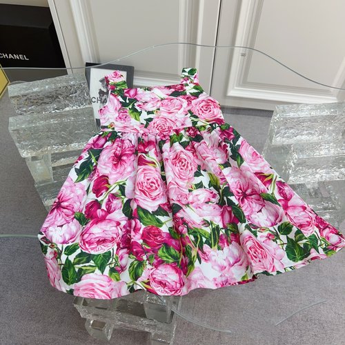 D & G Elegant Girls Floral Linen-Cotton Dress 