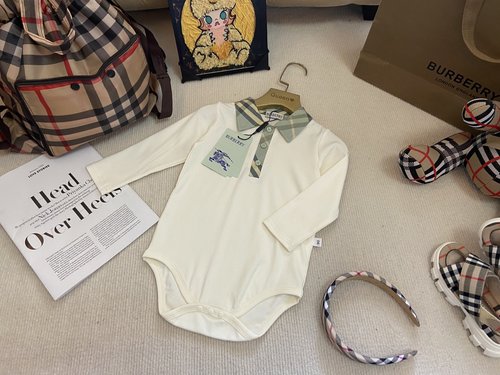 Burberry Premium Unisex Kids Cotton Onesie with Green & Khaki Collar