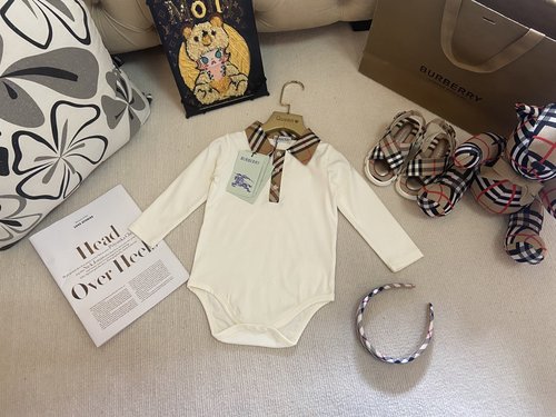 Burberry Premium Baby Rompers Boys Girls, Cotton, Green Khaki Collar, Comfortable Stylish 