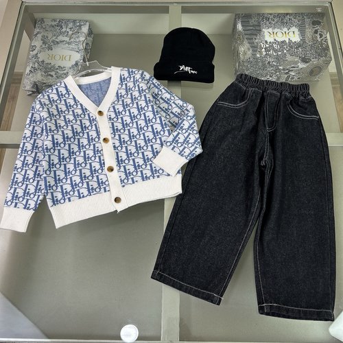 Dior Kids Unisex Knit Cardigan & Hat Set (Cream/Blue)