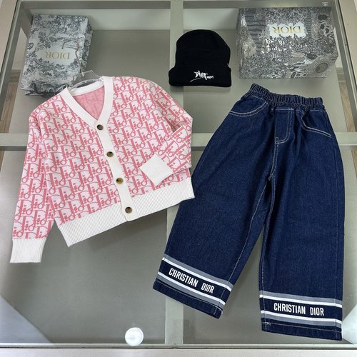 Dior Kids Hooded Cardigan Set (Cream/Pink/Burgundy) with Letter Jacquard