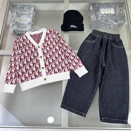 Dior Burgundy & Cream Logo Kids Cardigan Set with Hat 