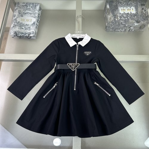 Prada Girls Premium Polyester Dress with Belt & Letter Print 