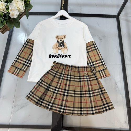Burberry Girls Teddy Bear Graphic Plaid Cotton Skirt Set