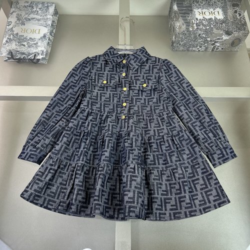 Fendi Girls High-End Washed Printed Denim Dress, Comfortable 