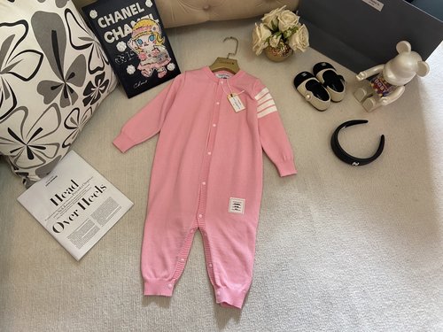 Thom Bn High-end Pink Knit Baby Onesie, Unisex, Open Crotch, Cotton 