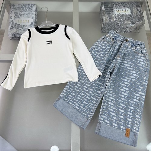 Miu Miu Girls Cotton Set with Black Contrast & Letter Detail 
