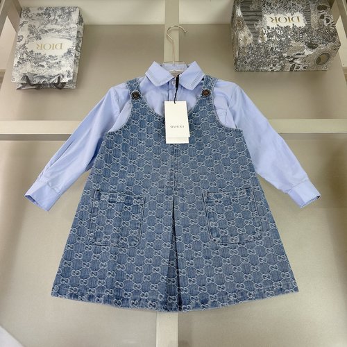 Gucci Girls Denim Pinafore & Letter-Printed Cotton Shirt Set