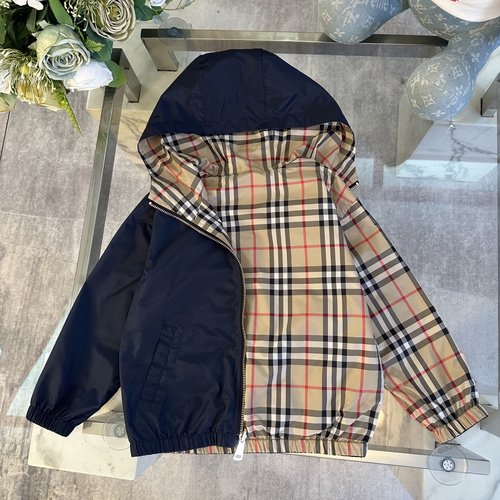 Burberry Kids Reversible Hooded Windbreaker Blue Check Gold Zip 