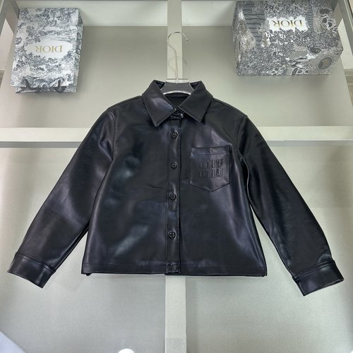 Miu Miu Kids Black Leather Jacket with Patch Embroidery 