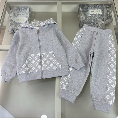 LV Kids Premium Cotton Fleece Set, Unisex Gray Embroidered Knit Trim