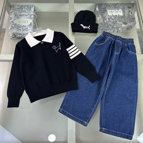 Dior Kids Premium 100 Cotton Denim Outfit Set Elastic Waist Letter Print Cuff