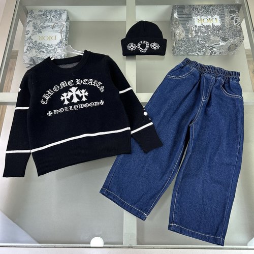 Chrome Hearts Unisex Kids Premium Denim Set, 100 Cotton, Letter Logo