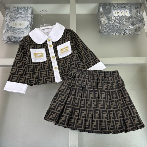 Fendi Girls Denim Skirt Set, Real Leather & Cotton, Classic Print 