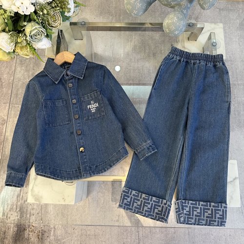 Fendi Kids Printed Washed Denim Set (Light Blue)