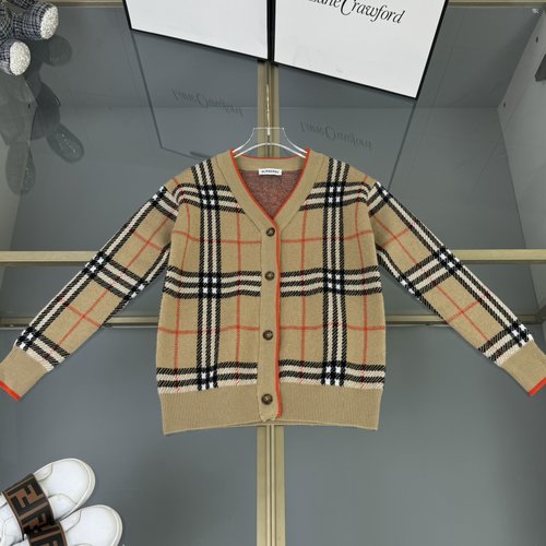 Burberry Kids Symmetric Check Cardigan with Mixed Knit & Elastic Cotton Trim 