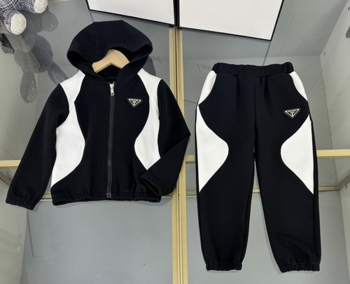 Prada Premium Unisex Kids Tracksuit Set (Black & White Cotton Fleece)