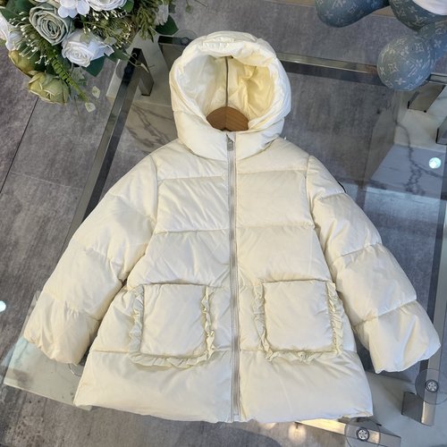 Moncler Girls Puffy Down Jacket with Pockets, Ruffles & Waist Cinch 