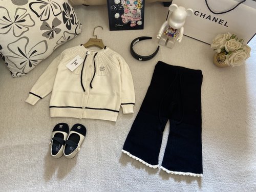 Chanel Toddler Girls Knit Set - Ruffled Neck Top & Flared Pants