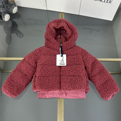 Moncler Girls Teddy Fleece Goose Down Hooded Jacket Wine Red 