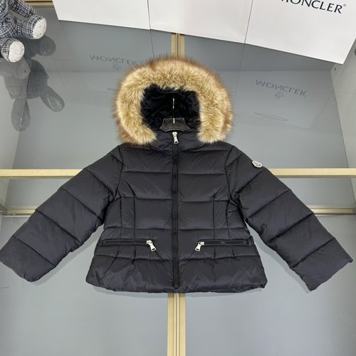 Moncler Girls Waist-cinched Lightweight Down Jacket with Removable Fur Collar 