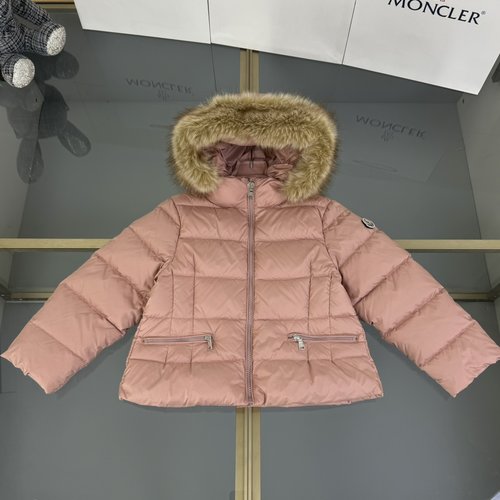Moncler Girls Down Jacket with Removable Fur Collar & Waist Cinch
