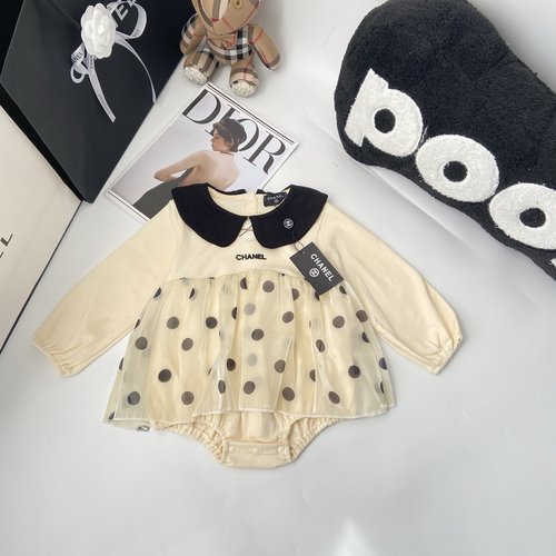 Chanel Baby Girls Cotton Romper with Black Collar & Lace Trim