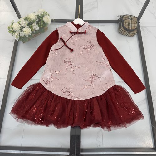 Chanel Girls Chinese Red Retro Cheongsam Embroidered Flower Dress