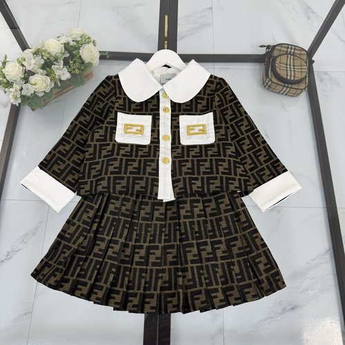 Fendi Girls Premium Leather-Cotton Denim Skirt Set with Classic Pattern 