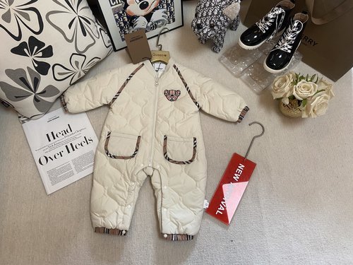 Burberry Toddler Unisex Hooded Insulated Jumpsuit with Cute Bear